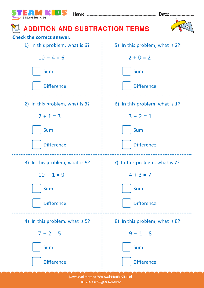 Free Math Worksheet - Check the correct answer - Worksheet 8