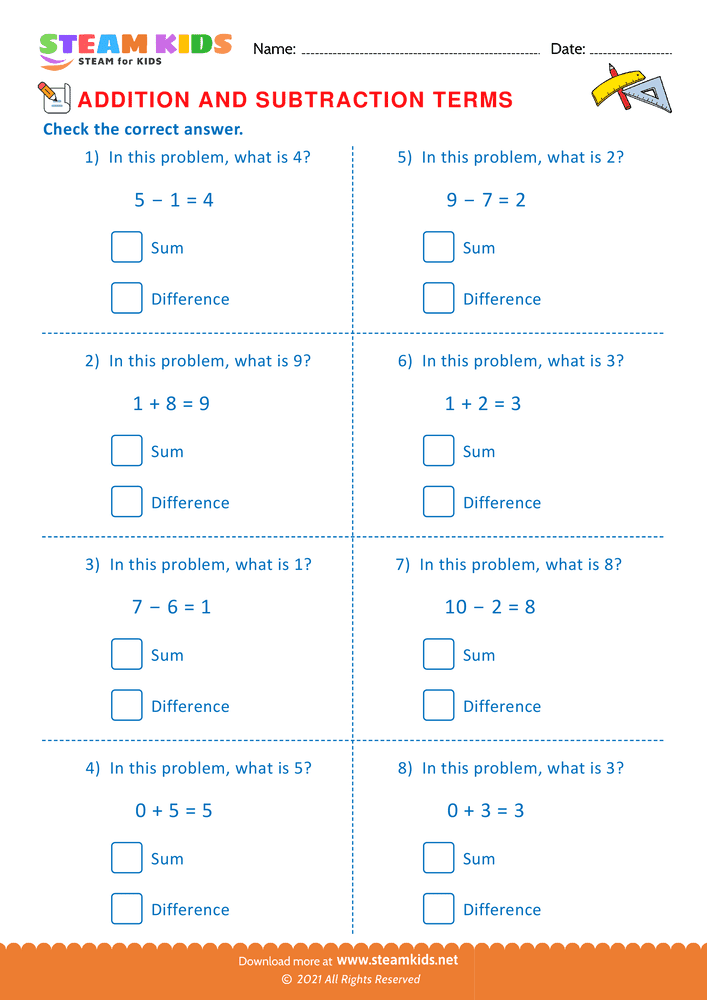 Free Math Worksheet - Check the correct answer - Worksheet 9