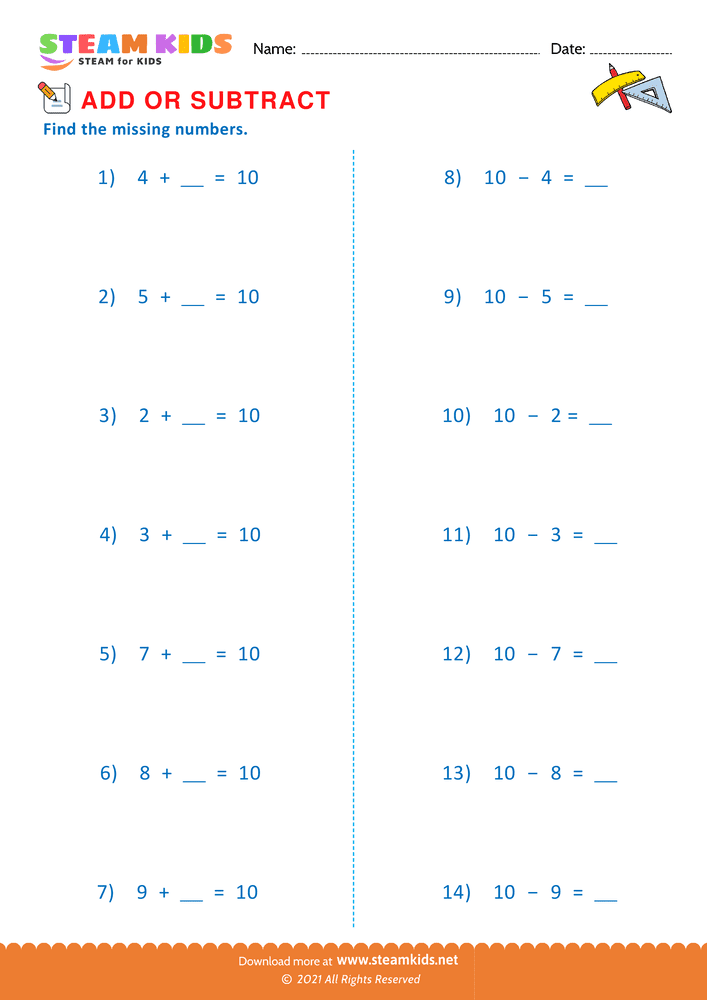 Free Math Worksheet - Add or Subtract - Worksheet 7