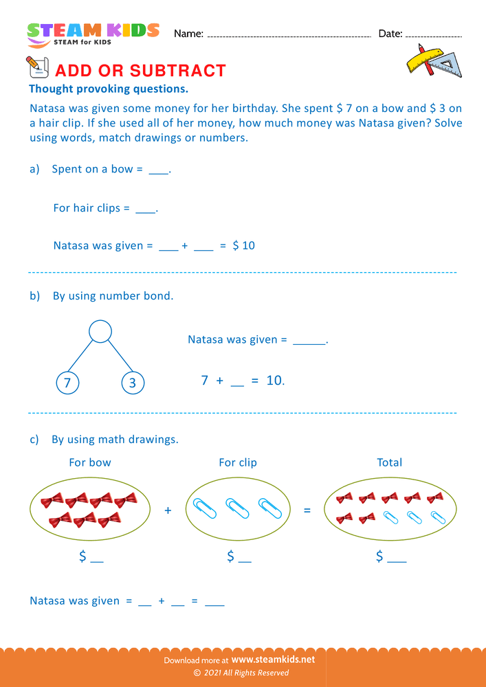 Free Math Worksheet - Add or Subtract - Worksheet 12