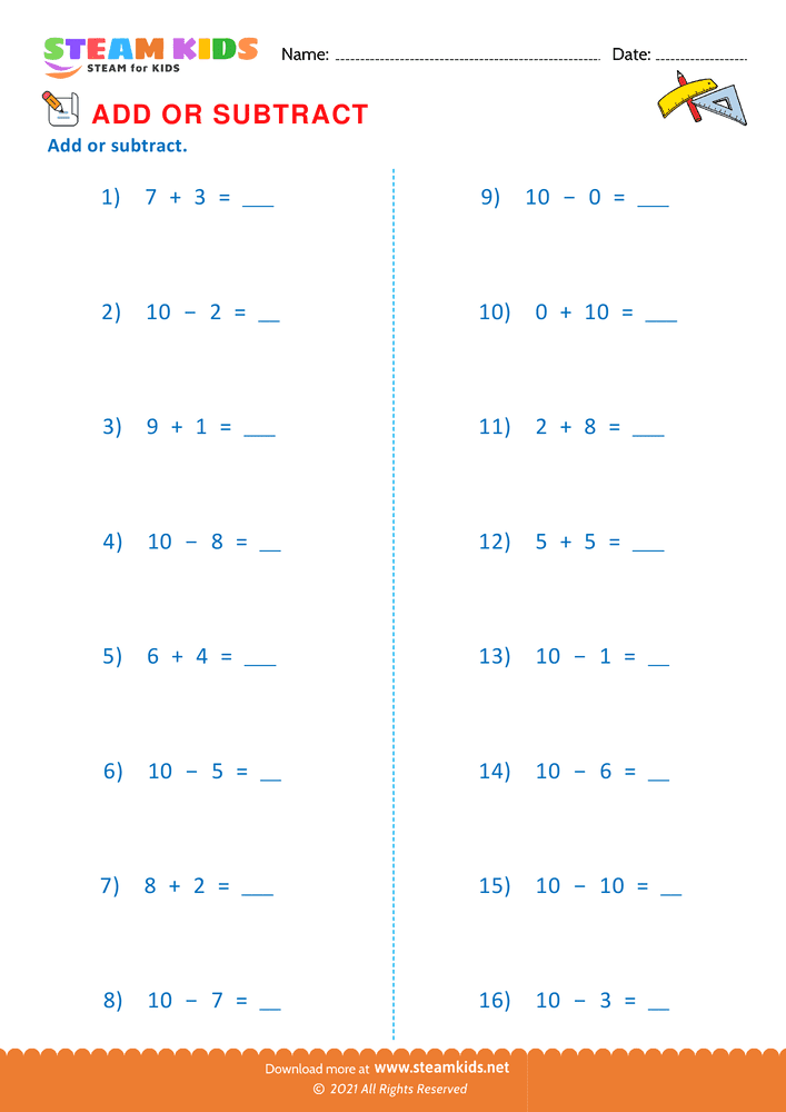 Free Math Worksheet - Add or Subtract - Worksheet 22