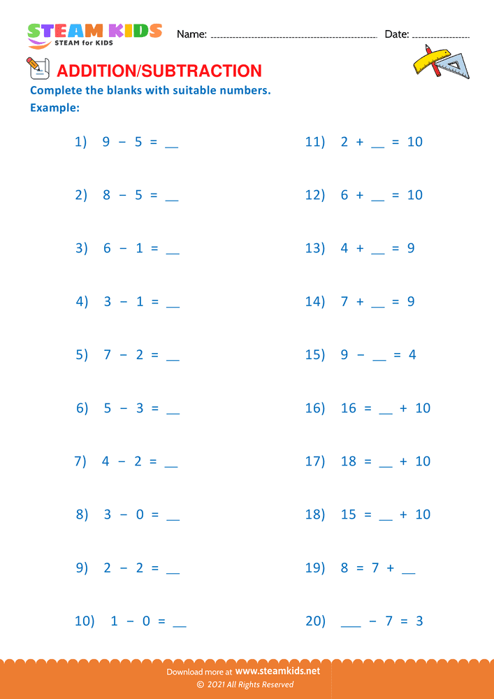 Free Math Worksheet - Add or Subtract - Worksheet 35
