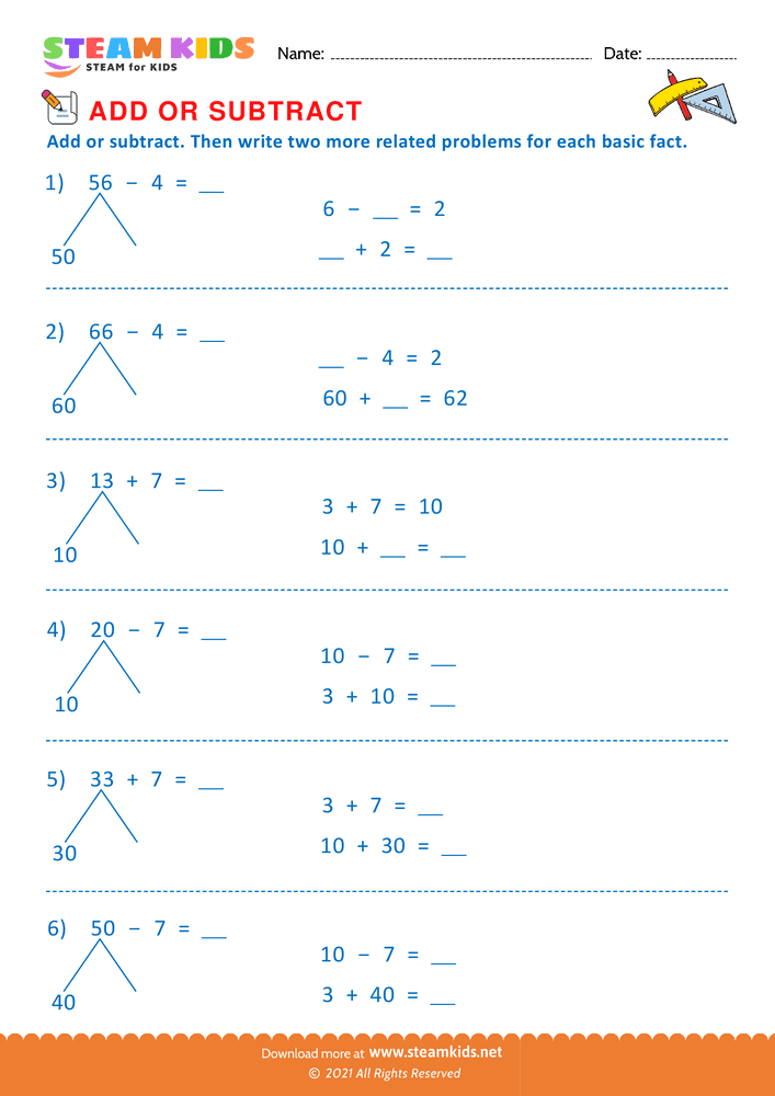 Free Math Worksheet - Add or Subtract - Worksheet 55