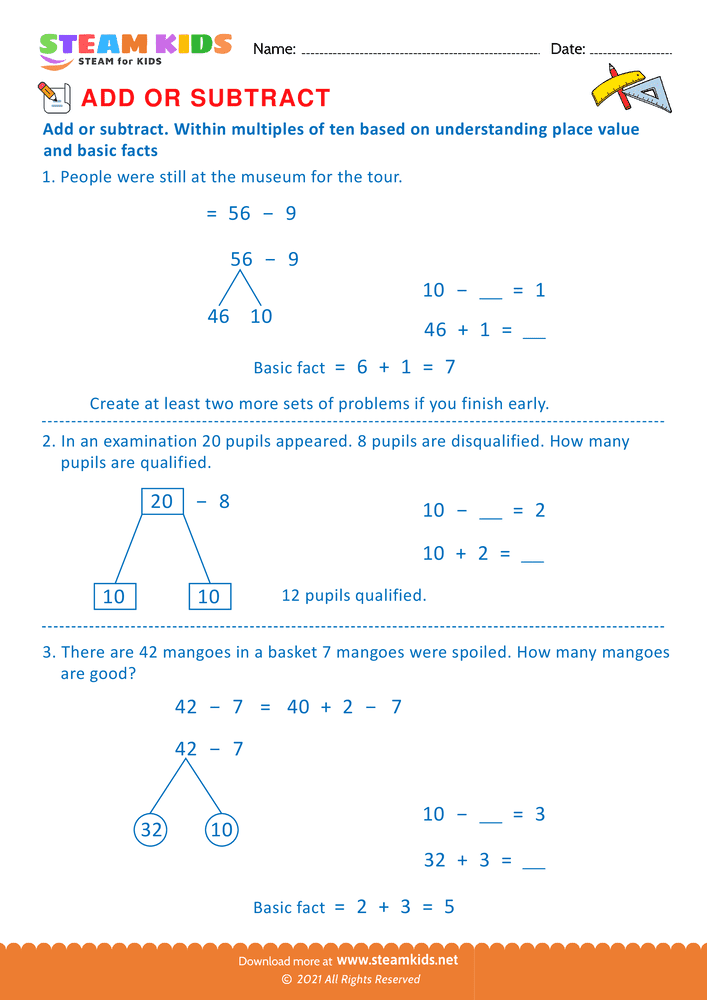 Free Math Worksheet - Add or Subtract - Worksheet 57