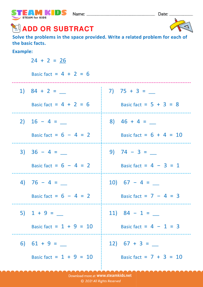 Free Math Worksheet - Add or Subtract - Worksheet 58