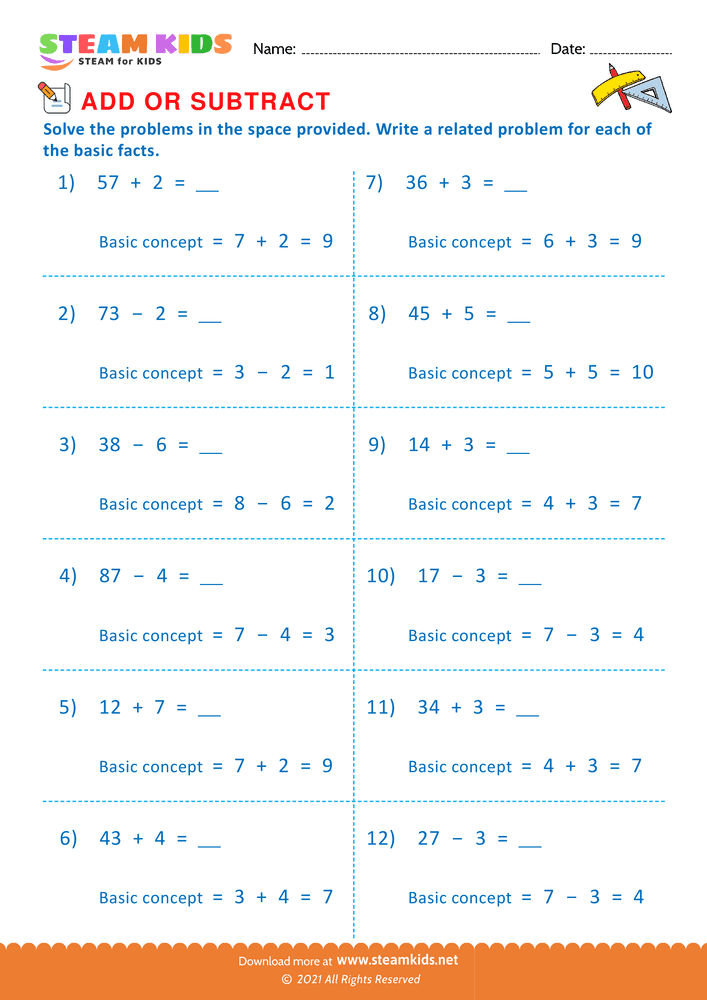 Free Math Worksheet - Add or Subtract - Worksheet 59