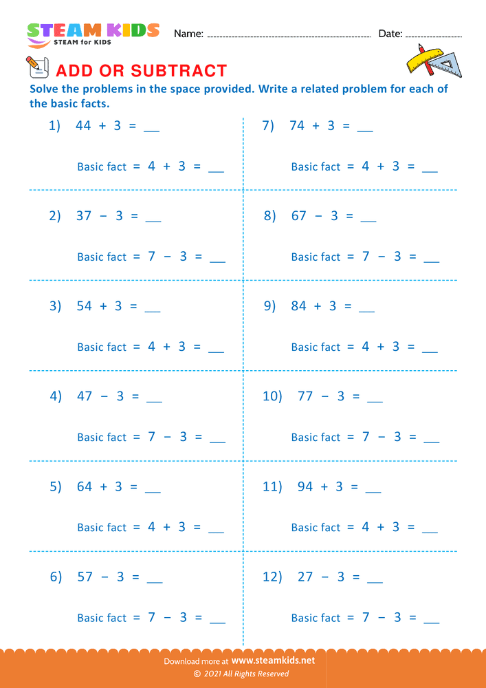 Free Math Worksheet - Add or Subtract - Worksheet 60