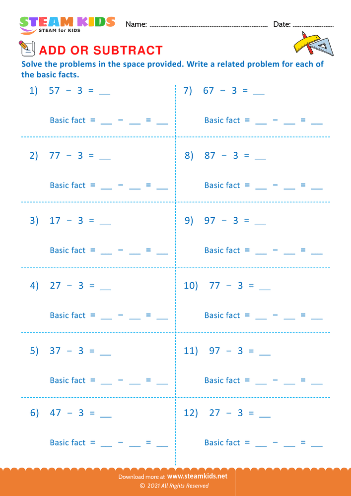 Free Math Worksheet - Add or Subtract - Worksheet 61