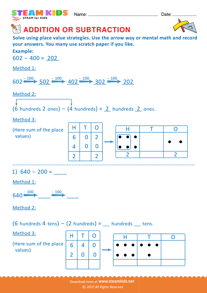 Free Math Worksheet - Solve using place value Strategy - Worksheet 1