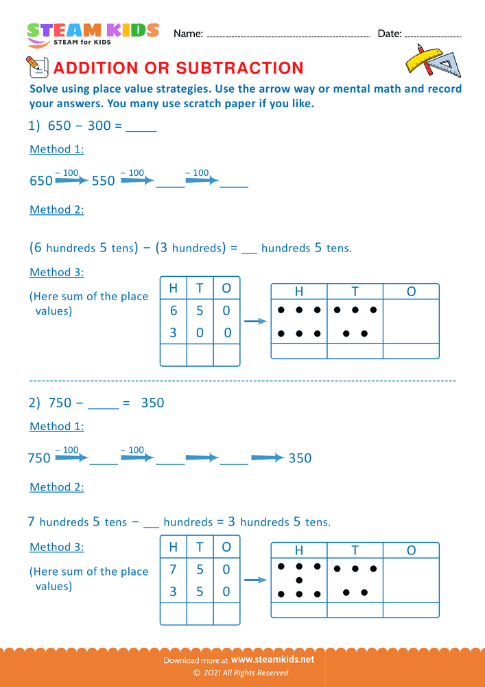 Free Math Worksheet - Solve using place value Strategy - Worksheet 2