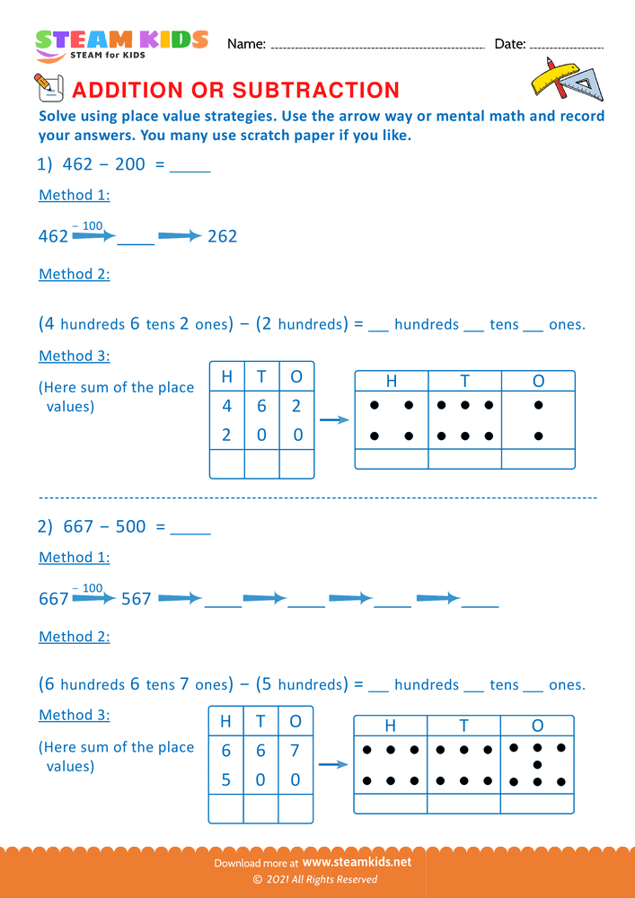 Free Math Worksheet - Solve using place value Strategy - Worksheet 3