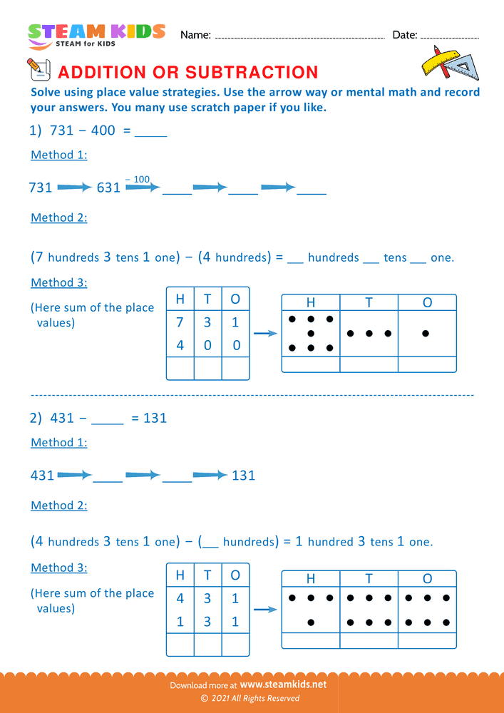 Free Math Worksheet - Solve using place value Strategy - Worksheet 4