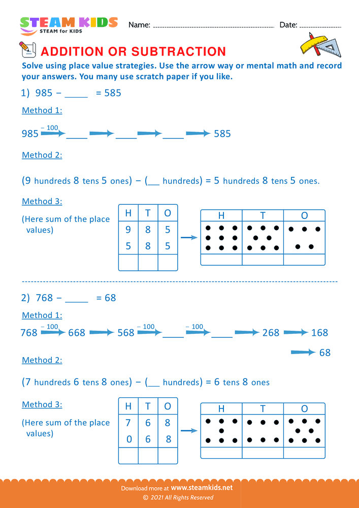 Free Math Worksheet - Solve using place value Strategy - Worksheet 5