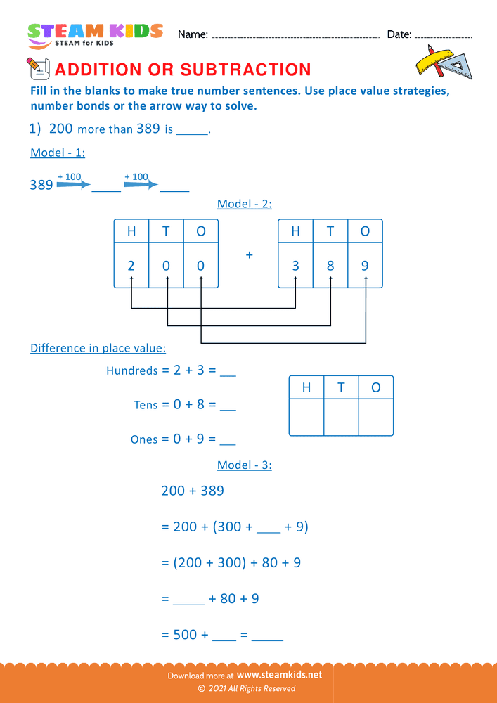 Free Math Worksheet - Solve using place value Strategy - Worksheet 7