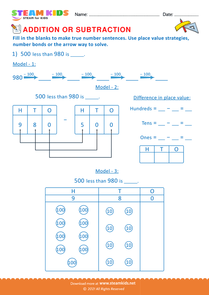 Free Math Worksheet - Solve using place value Strategy - Worksheet 9