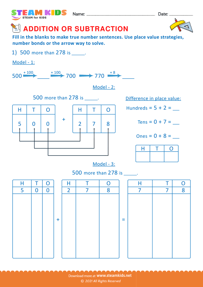 Free Math Worksheet - Solve using place value Strategy - Worksheet 10