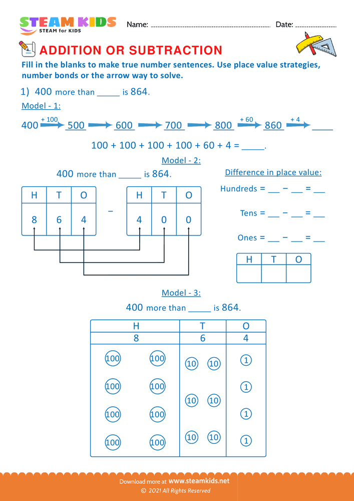 Free Math Worksheet - Solve using place value Strategy - Worksheet 11