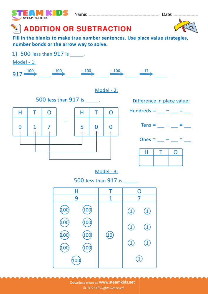 Free Math Worksheet - Solve using place value Strategy - Worksheet 12