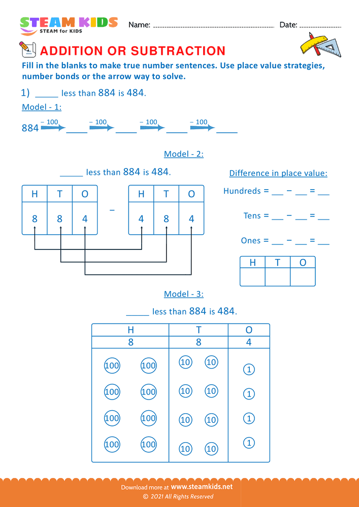 Free Math Worksheet - Solve using place value Strategy - Worksheet 13