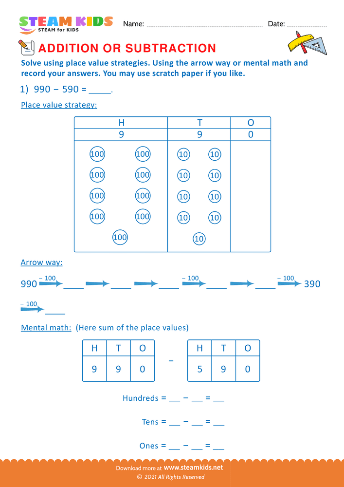 Free Math Worksheet - Solve using place value Strategy - Worksheet 18