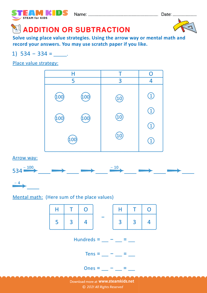 Free Math Worksheet - Solve using place value Strategy - Worksheet 19