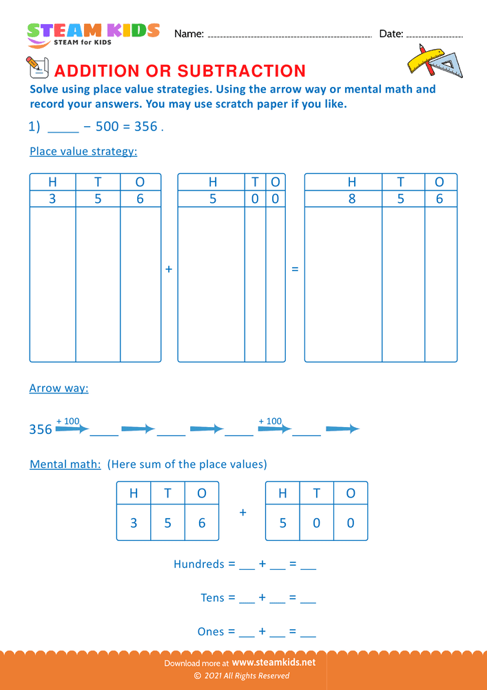 Free Math Worksheet - Solve using place value Strategy - Worksheet 20