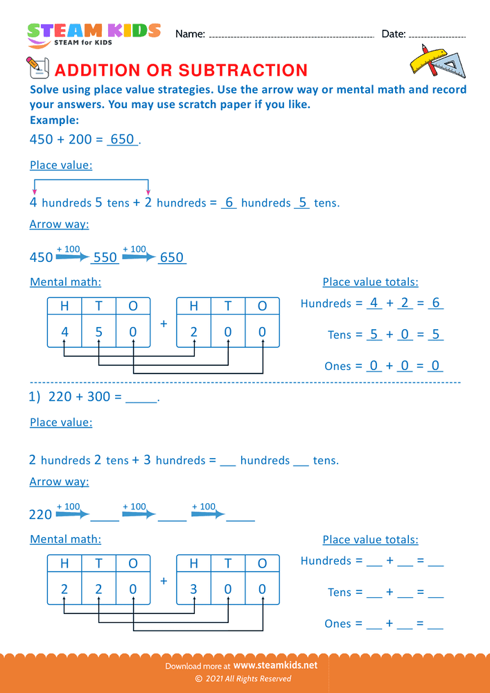 Free Math Worksheet - Solve using place value Strategy - Worksheet 22