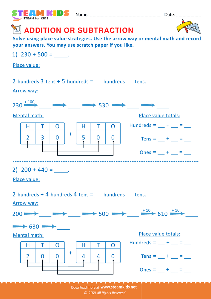 Free Math Worksheet - Solve using place value Strategy - Worksheet 23