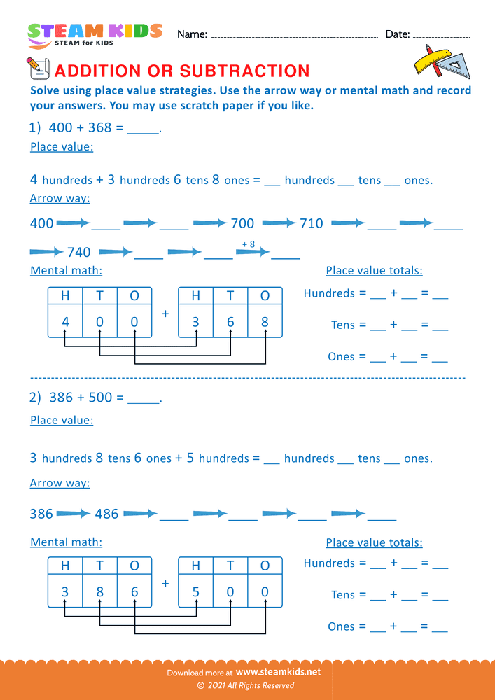 Free Math Worksheet - Solve using place value Strategy - Worksheet 24