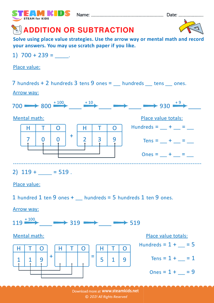 Free Math Worksheet - Solve using place value Strategy - Worksheet 25