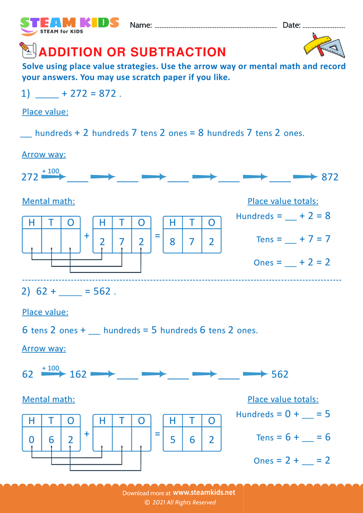 Free Math Worksheet - Solve using place value Strategy - Worksheet 26