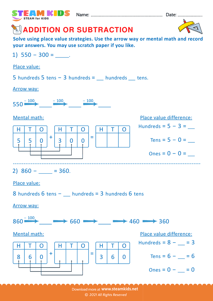 Free Math Worksheet - Solve using place value Strategy - Worksheet 28