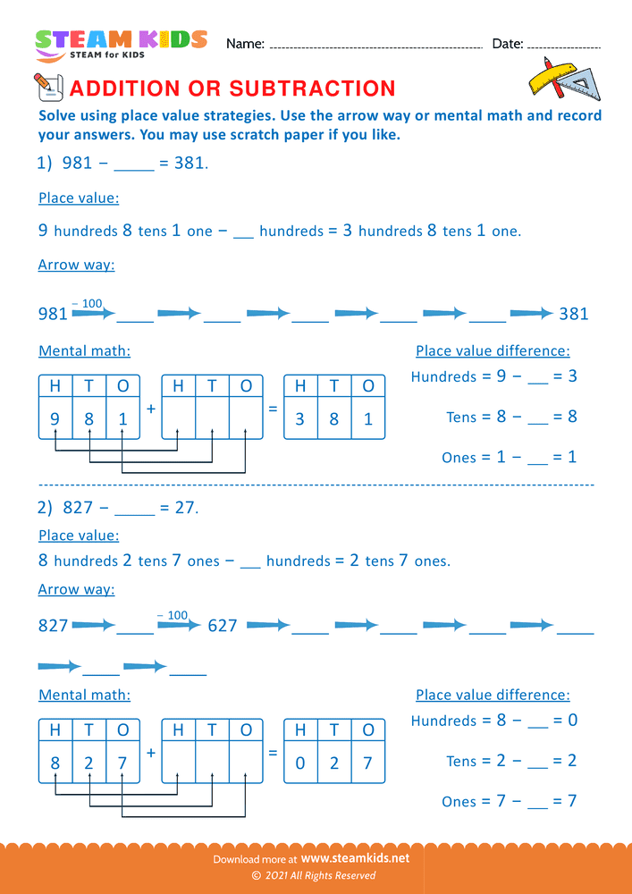 Free Math Worksheet - Solve using place value Strategy - Worksheet 31