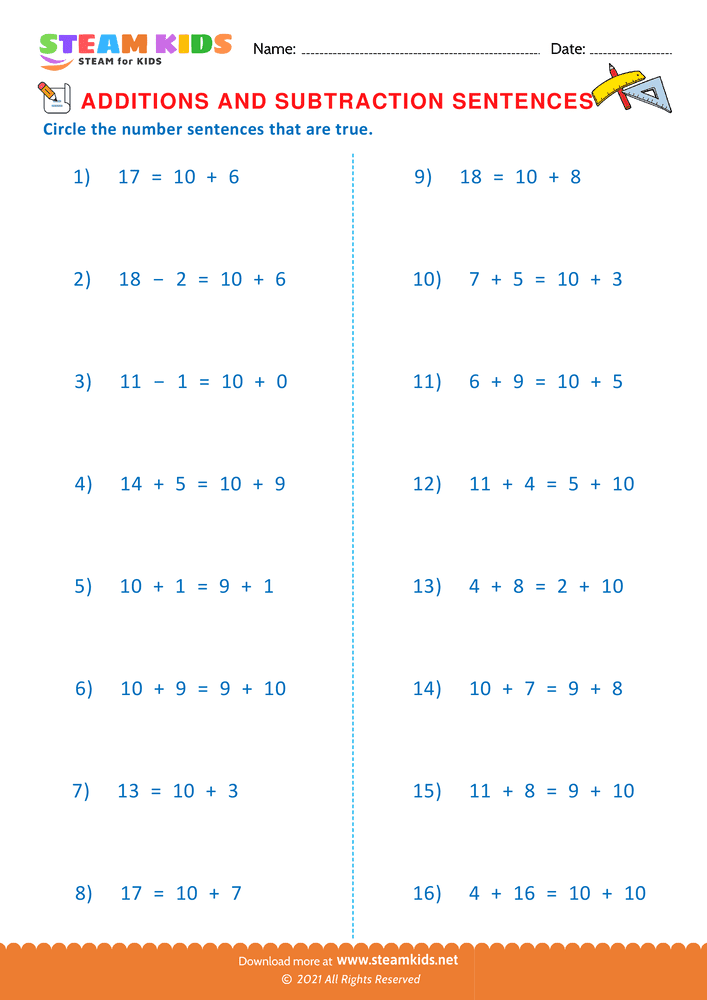 Free Math Worksheet - Addition and subtraction Sentences - Worksheet 2