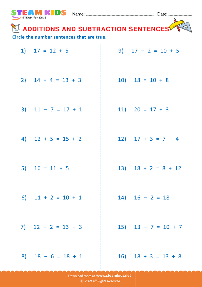 Free Math Worksheet - Addition and subtraction Sentences - Worksheet 3