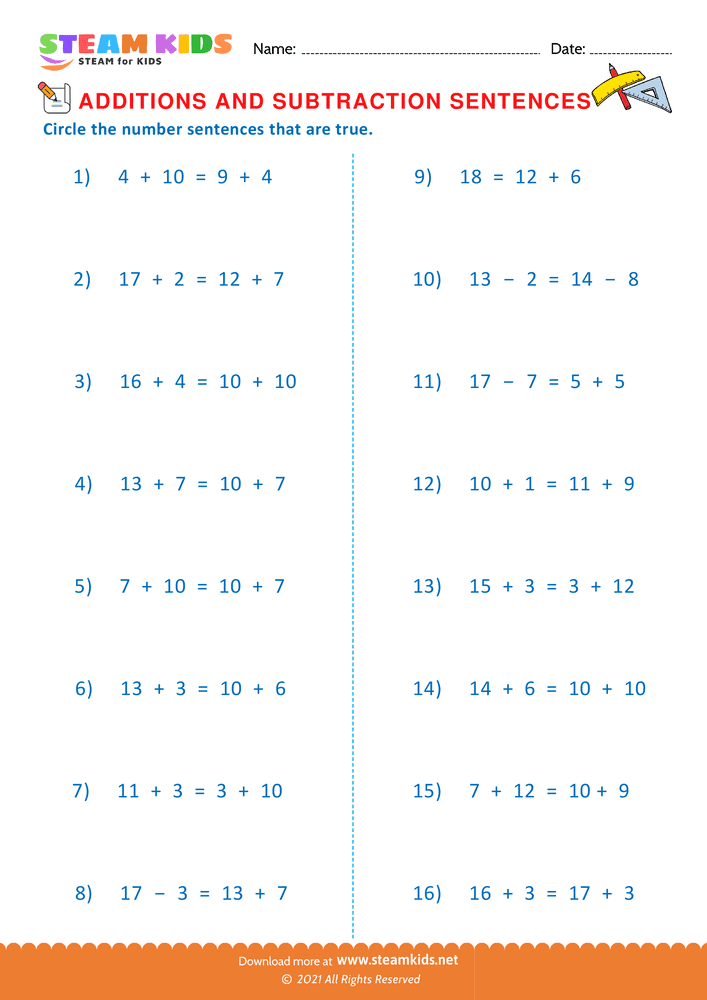 Free Math Worksheet - Addition and subtraction Sentences - Worksheet 4