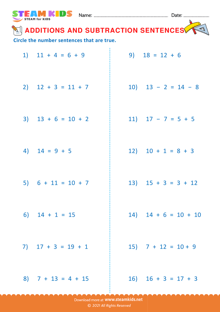 Free Math Worksheet - Addition and subtraction Sentences - Worksheet 5