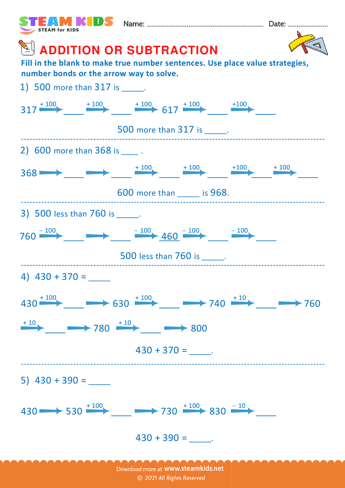 Free Math Worksheet - Addition or subtraction - Worksheet 7