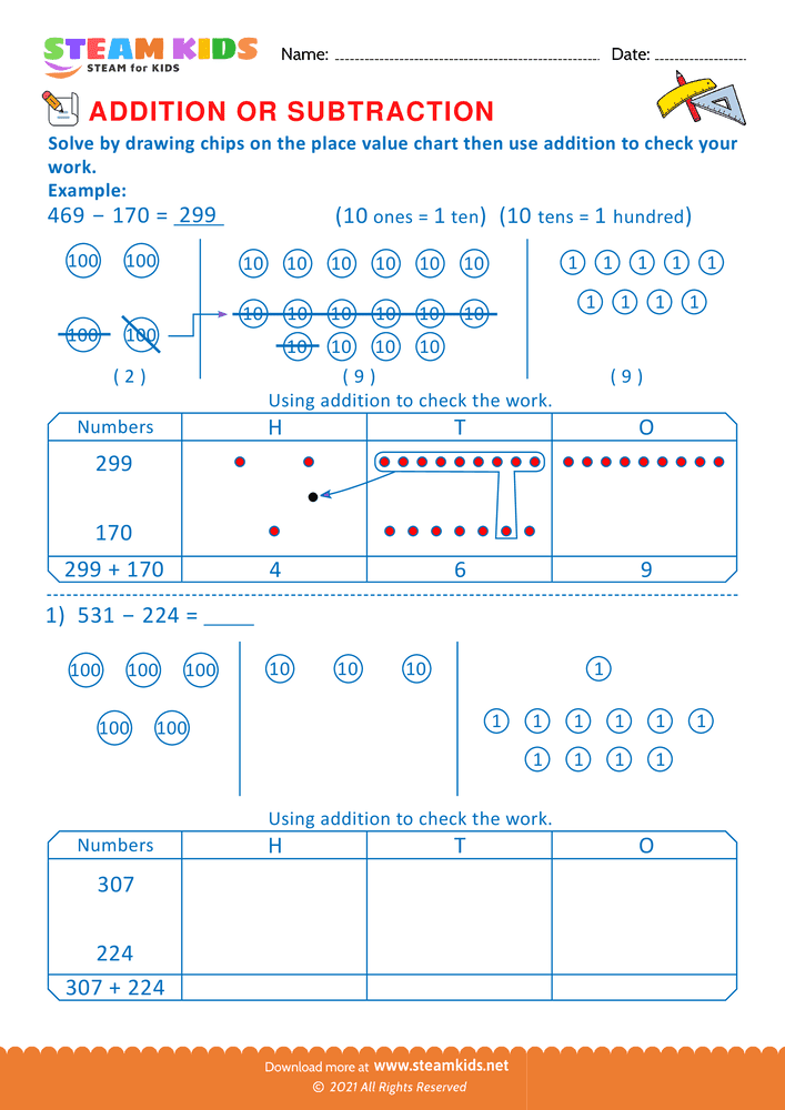 Free Math Worksheet - Solve drawing chips on place value chart  - Worksheet 1