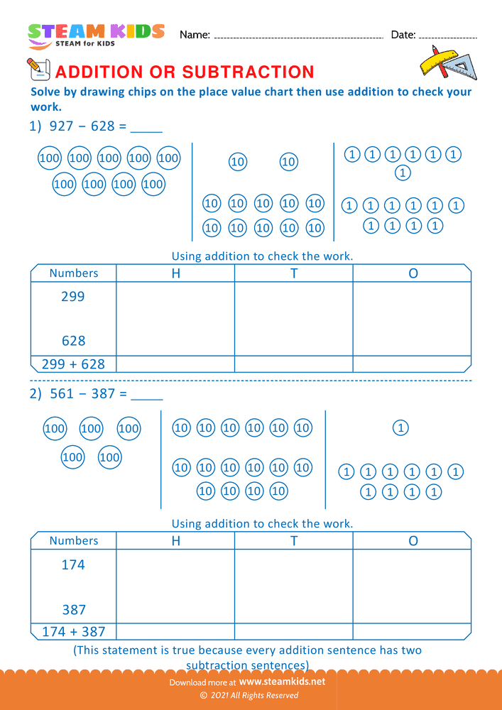 Free Math Worksheet - Solve drawing chips on place value chart  - Worksheet 3