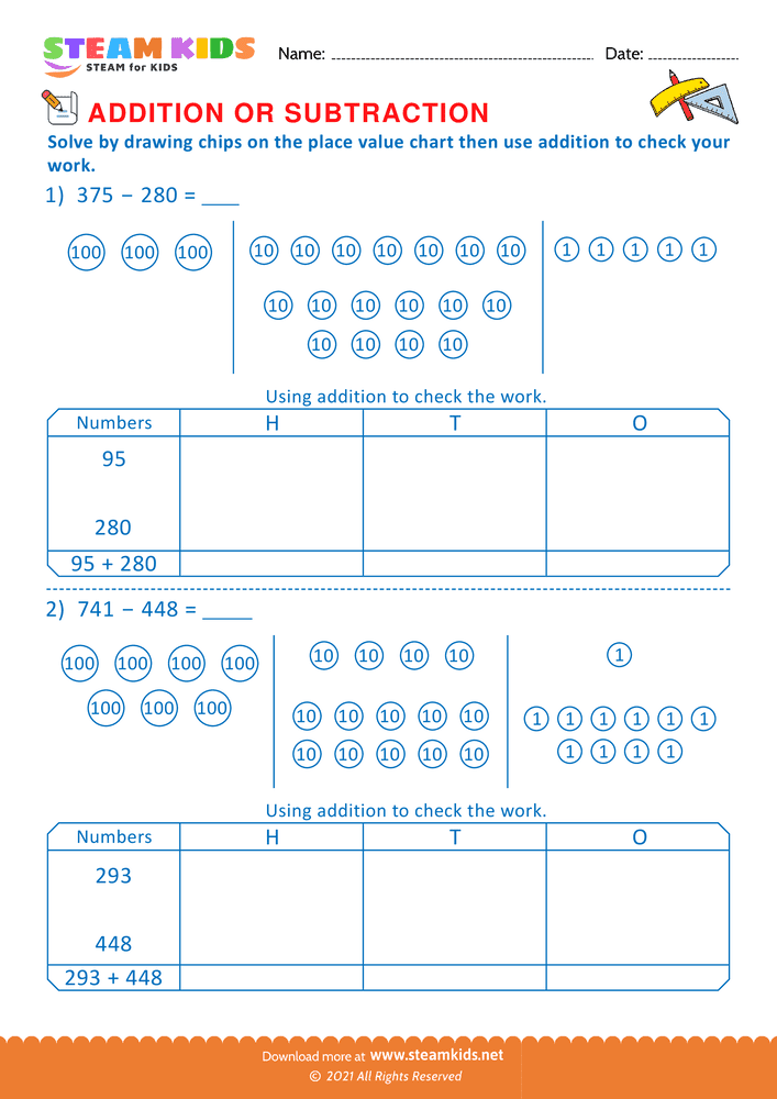 Free Math Worksheet - Solve drawing chips on place value chart  - Worksheet 4