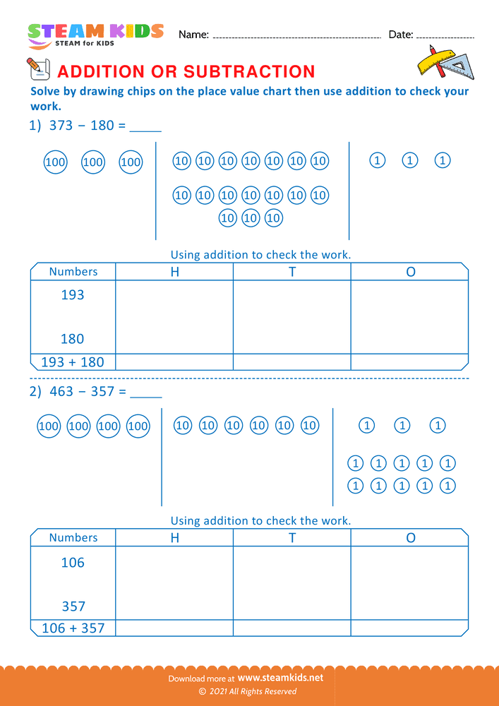 Free Math Worksheet - Solve drawing chips on place value chart  - Worksheet 5