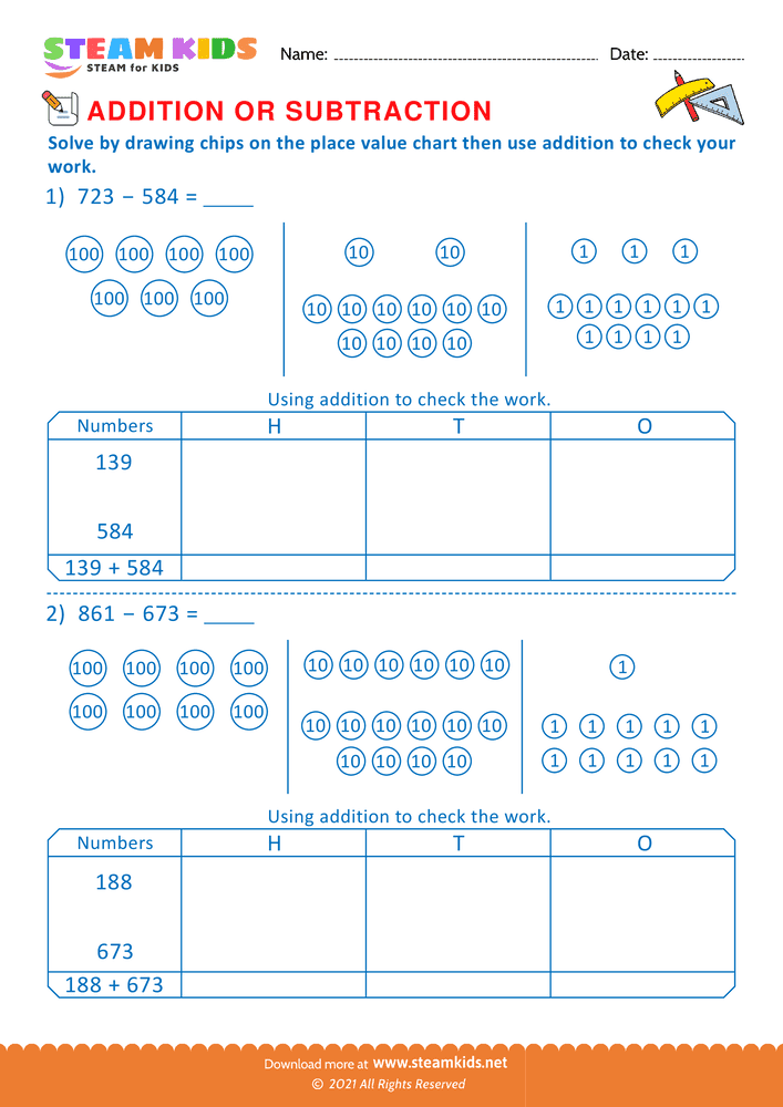 Free Math Worksheet - Solve drawing chips on place value chart  - Worksheet 6