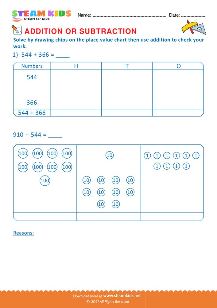 Free Math Worksheet - Solve drawing chips on place value chart  - Worksheet 7