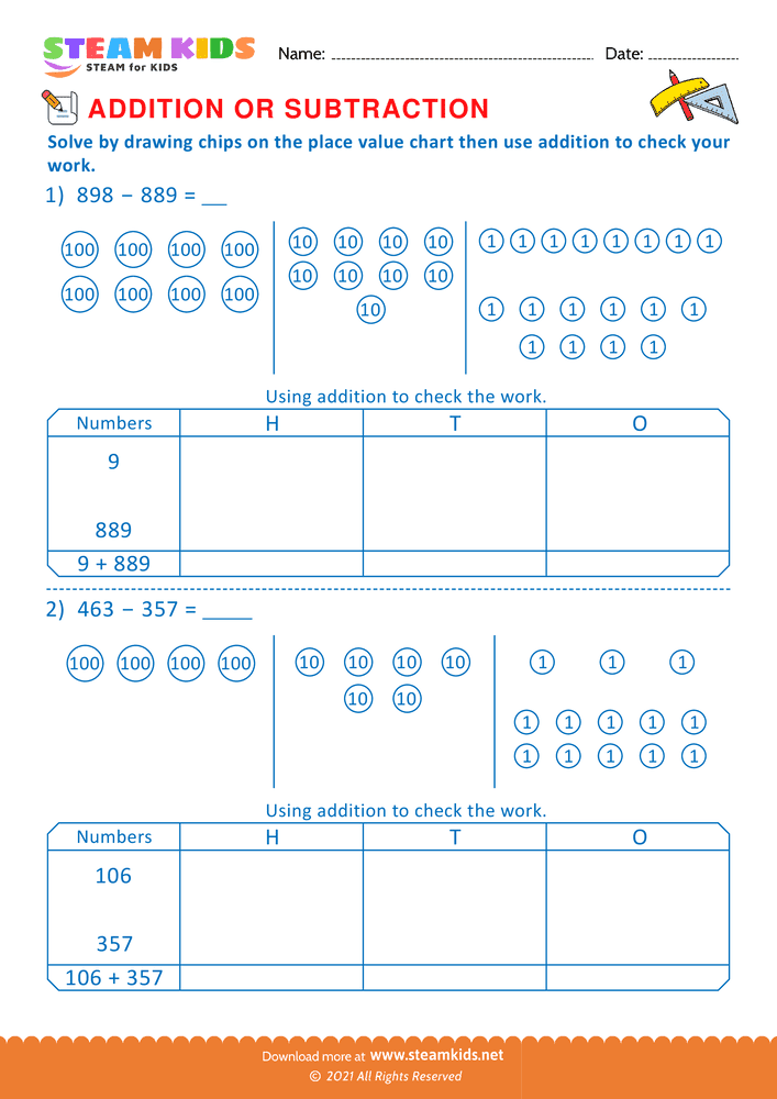 Free Math Worksheet - Solve drawing chips on place value chart  - Worksheet 8