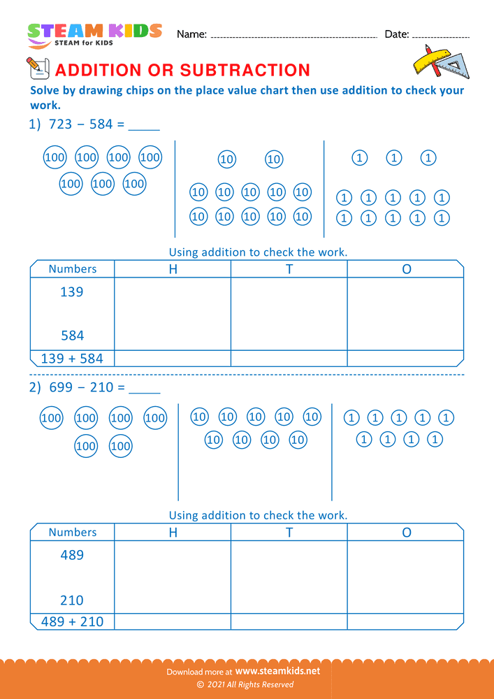 Free Math Worksheet - Solve drawing chips on place value chart  - Worksheet 9