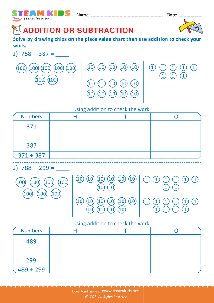 Free Math Worksheet - Solve drawing chips on place value chart  - Worksheet 10