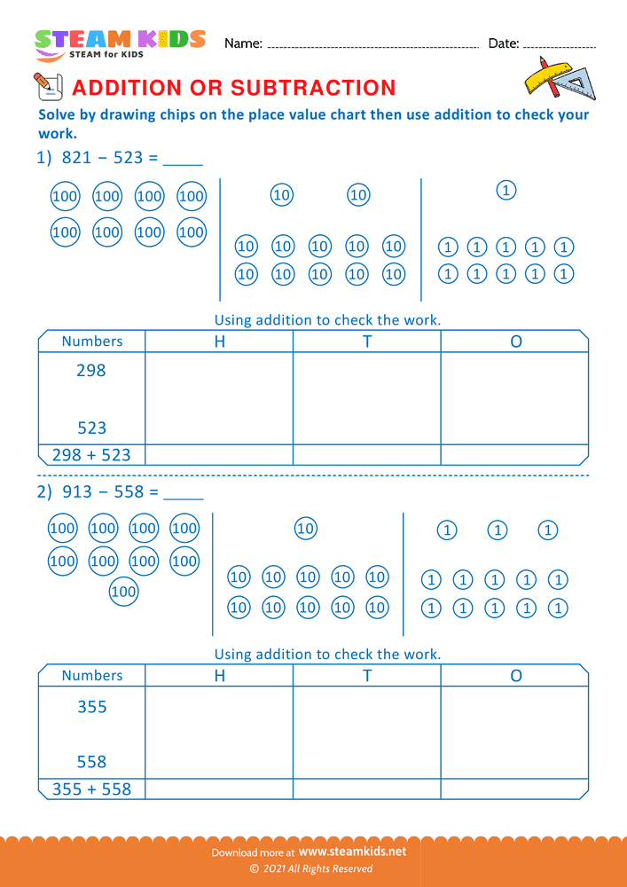 Free Math Worksheet - Solve drawing chips on place value chart  - Worksheet 11