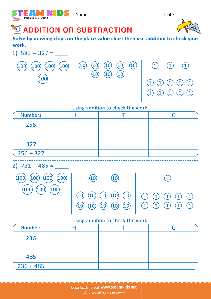 Free Math Worksheet - Solve drawing chips on place value chart  - Worksheet 12