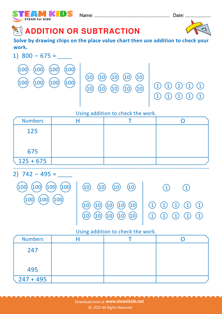 Free Math Worksheet - Solve drawing chips on place value chart  - Worksheet 13